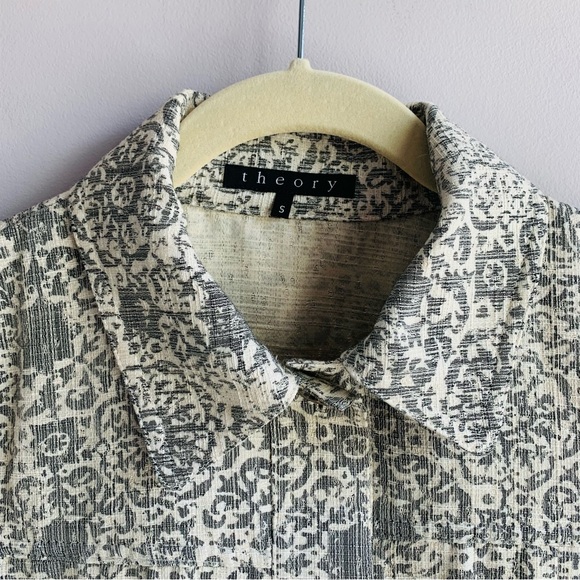 Theory Jacket Sage Grey Cream Twill Button Front Cropped Paisley Geometric Small - Picture 3 of 8
